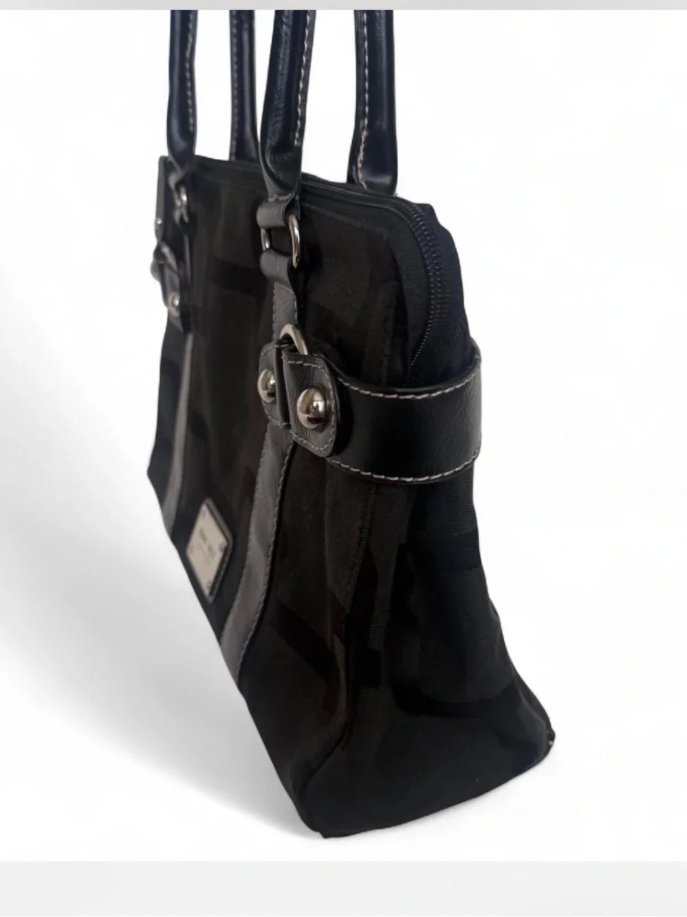 Vintage Nine West Black Leather Trim City/Office Bag w/ Silver Hardware